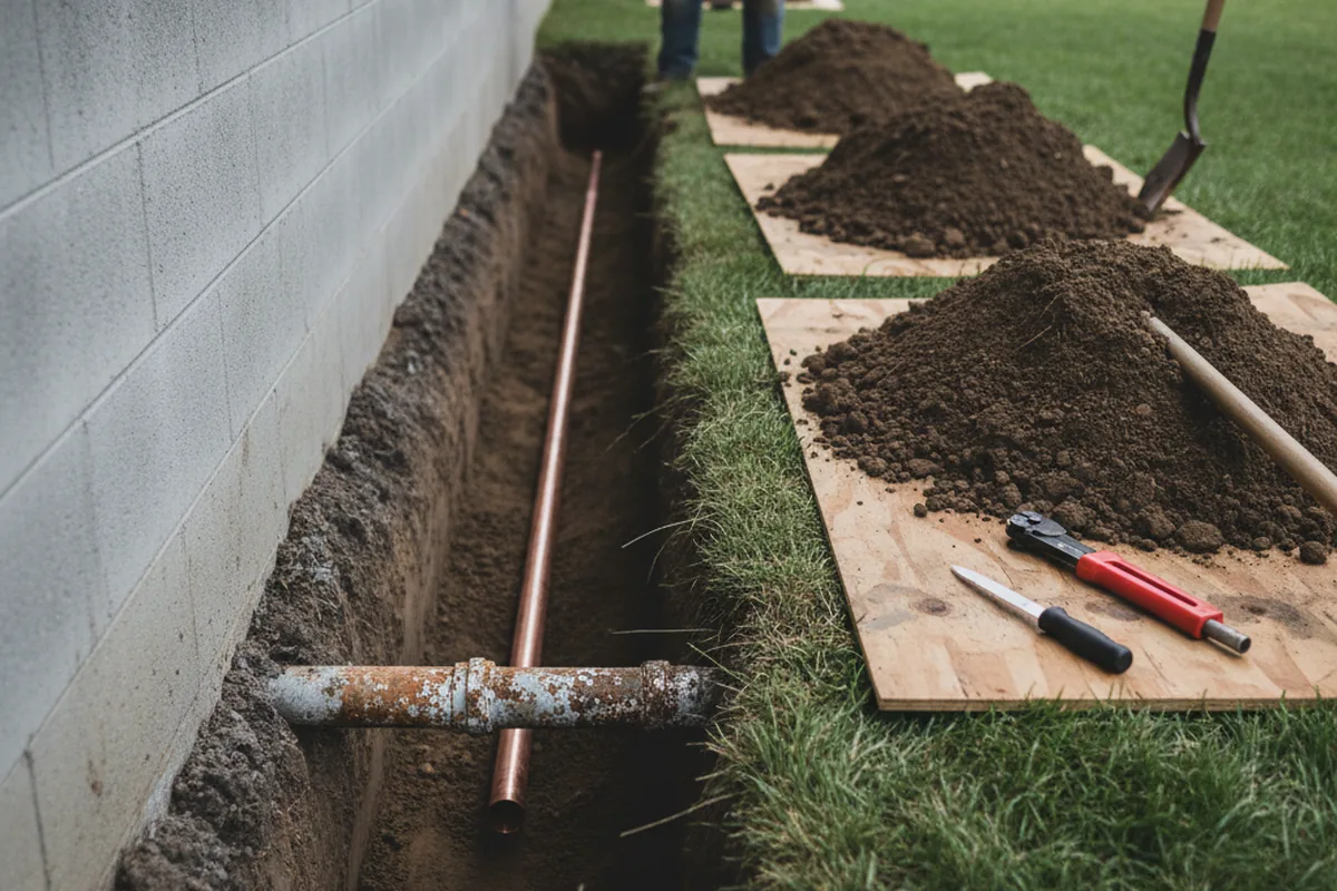 Excavated water line trench during Sewer Line Repair in Lovejoy